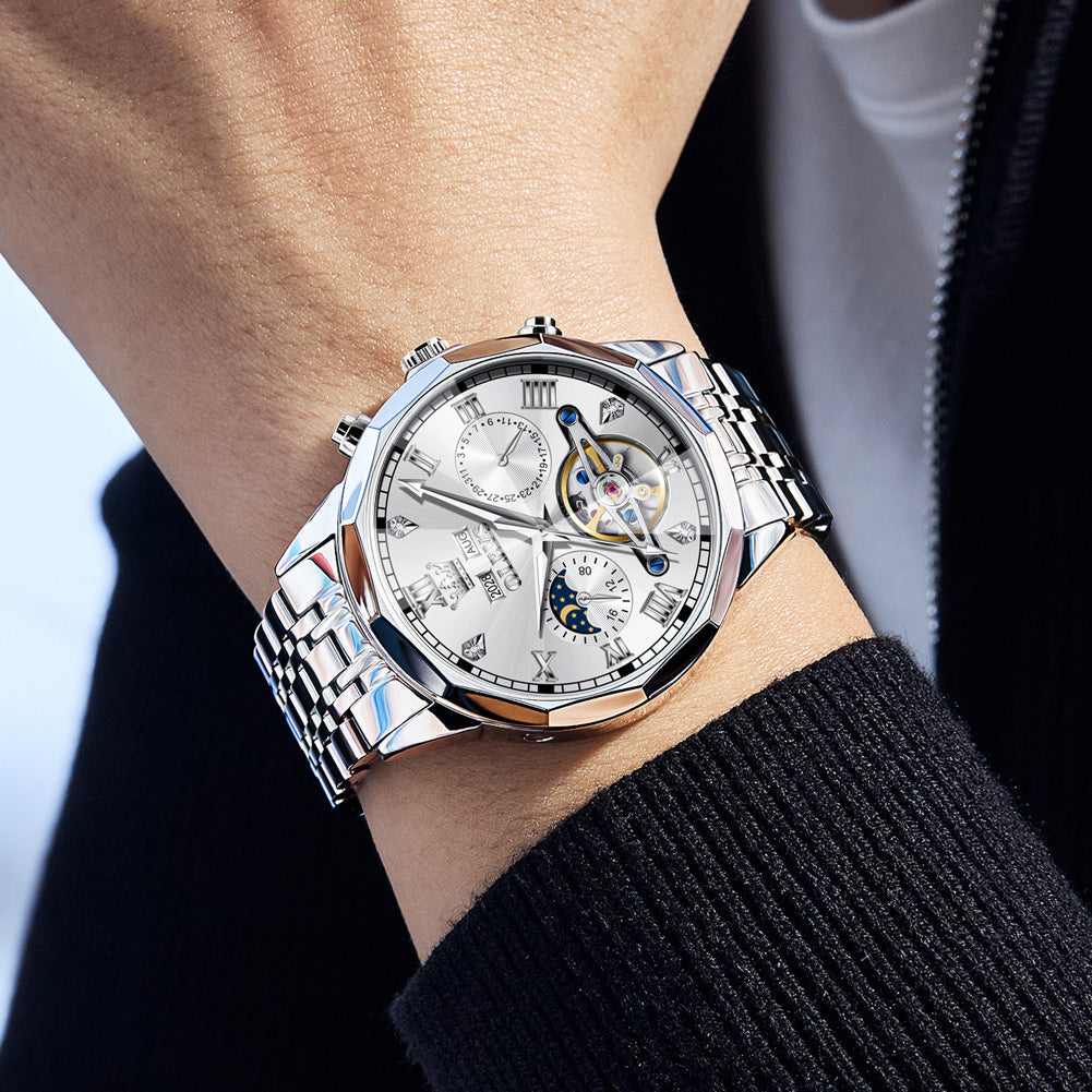 OLEVS 6620 Automatic Watches for Men Self Winding Mechanical Skeleton Luxury Dress Chronograph Gold Plated Stainless Steel Calendar Moon Phase Waterproof Luminous Mens Wrist Watches Reloj Para Hombre