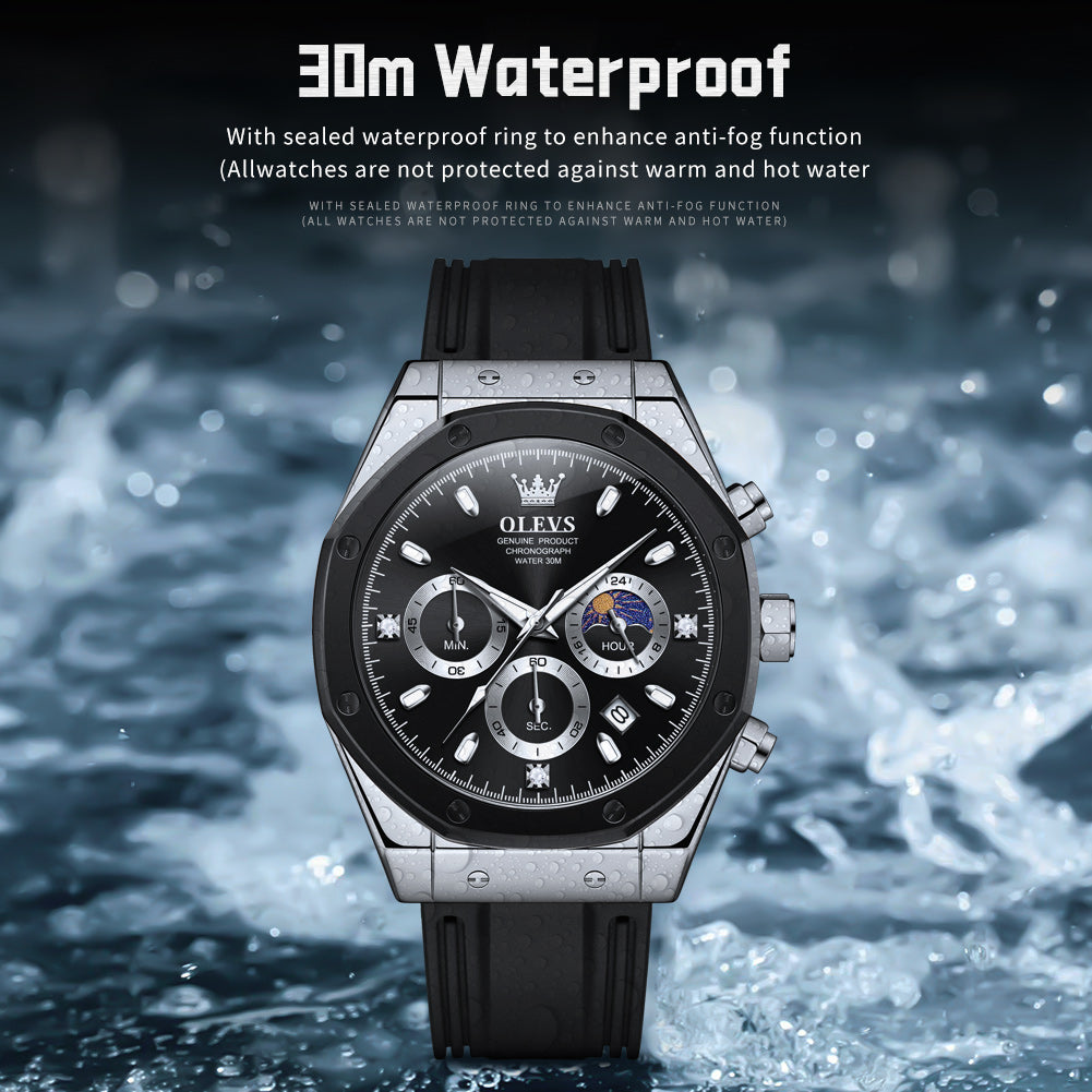 OLEVS 9911 Watches for Men Chronograph Waterproof Luxury Dress Quartz Silicon Strap Multifunction Moon Phase Business Calendar Luminous Men Wrist Watches Reloj Para Hombre Gray/Black/White