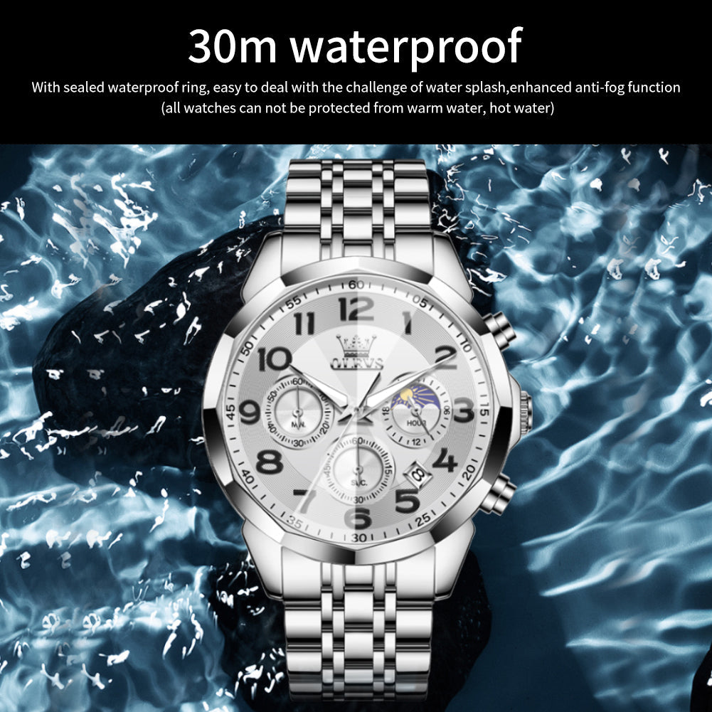 OLEVS  3676 Chronograph Watches for Men Business Dress Analog Quartz Gold Plated Stainless Steel Moon Phase Waterproof Luminous Date Luxury Mens Wrist Watches Reloj Para Hombre