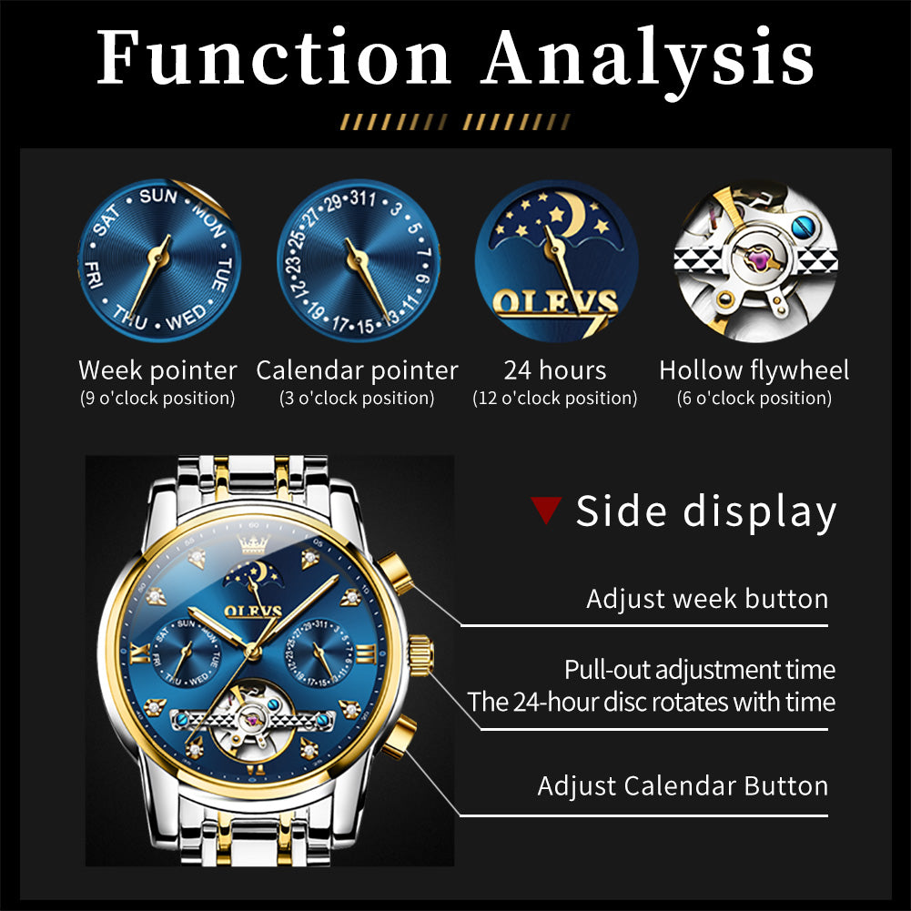 OLEVS 6678 Automatic Watches for Men Gold Luxury Dress Wrist Watch Self Winding Mechanical Skeleton Tourbillon Watch