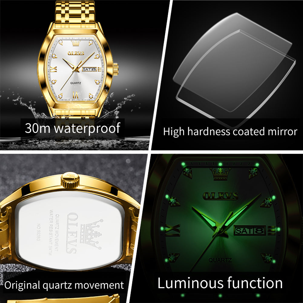 OLEVS 5528 Gold Watch Men Dress Diamond Tonneau Big Face Men Wrist Watch Waterproof Dual Watch Gift