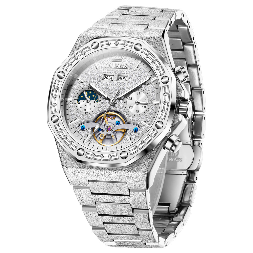 OLEVS 9805 Automatic Mens Watches Self Winding Mechanical Business Diamond Luxury Dress Stainless Steel Waterproof Luminous Wrist Watch