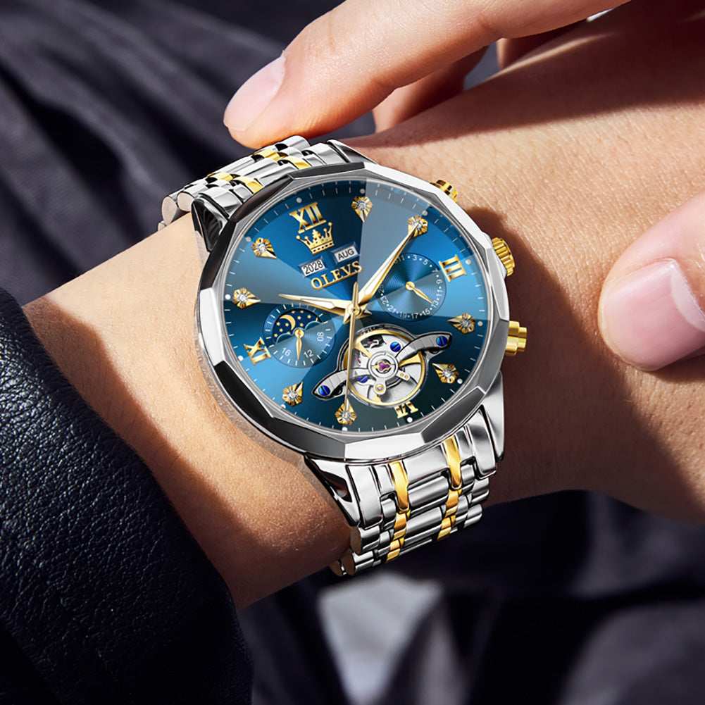 OLEVS 6621Automatic Watches for Men Luxury Dress Waterproof Self Winding Mechanical Moon Phase Chronograph Stainless Steel Luminous Diamond Date Skeleton Tourbillon Wristwatch for Men Reloj Para Hombre