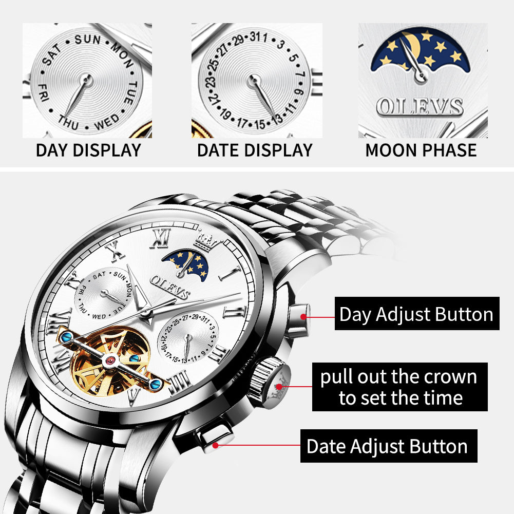 OLEVS 6617 Mens Automatic Watches Skeleton Tourbillon Mechanical Self Winding Luxury Dress Wrist Watch Waterproof Luminous Watch Gifts