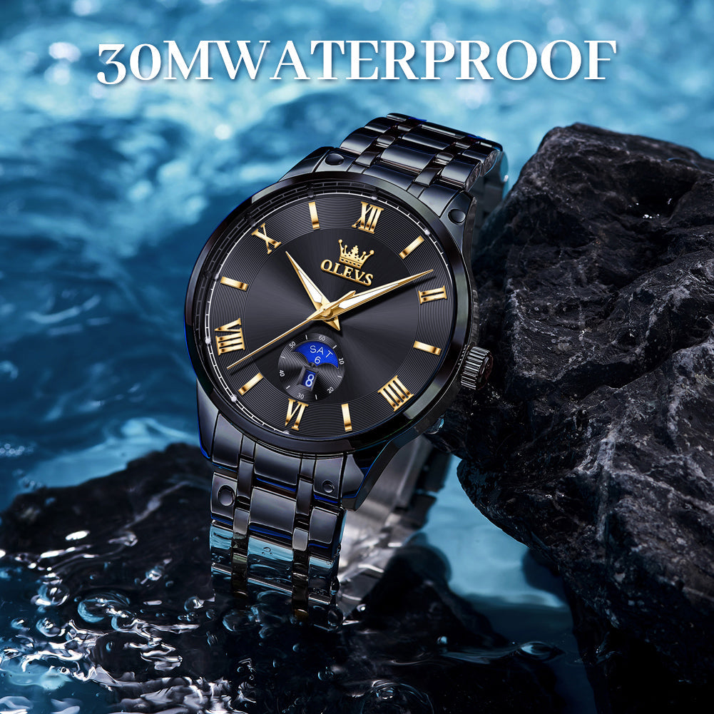 OLEVS 3638 Watches for Men Business Dress Waterproof Analog Quartz Stainless Steel Luminous Day Date Roman Numeral Classic Men Wrist Watches Reloj Para Hombre Black Dial