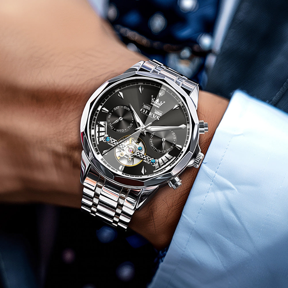 OLEVS 6619 Automatic Watches for Men Luxury Dress Waterproof Self Winding Mechanical Chronograph Diamond Stainless Steel Luminous Date Skeleton Tourbillon Mens Watches Gift Reloj Para Hombre