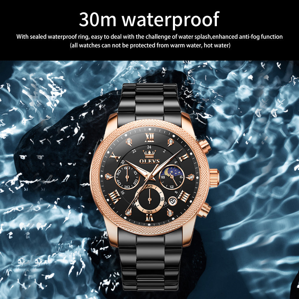 OLEVS 3660 Chronograph Watches for Men Fashion Dress Analog Quartz Moon Phase Stainless Steel Waterproof Luminous Date Luxury Mens Wrist Watches Reloj Para Hombre Rose/Black