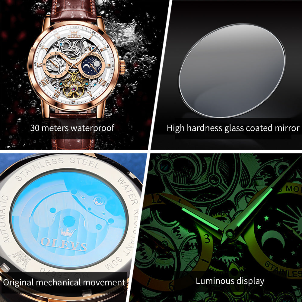 OLEVS 6670 Skeleton Watches for Mens Automatic Mechanical Self Winding Tourbillon Luxury Dress Wrist Watches Waterproof Luminous