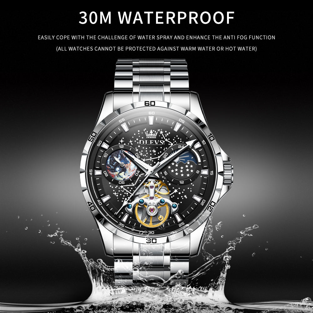 OLEVS 6689 Automatic Watches for Mens Starry Sky Skeleton Tourbillon Self Winding Mechanical Moon Phase Luminous Waterproof Luxury Dress Mens Wrist Watches Gifts Reloj Para Hombre Black/Blue/Green