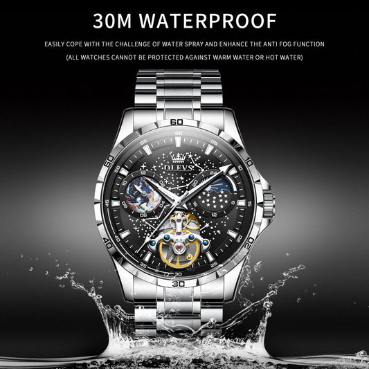 OLEVS 6689 Automatic Watches for Mens Starry Sky Skeleton Tourbillon Self Winding Mechanical Moon Phase Luminous Waterproof Luxury Dress Mens Wrist Watches Gifts Reloj Para Hombre Black/Blue/Green