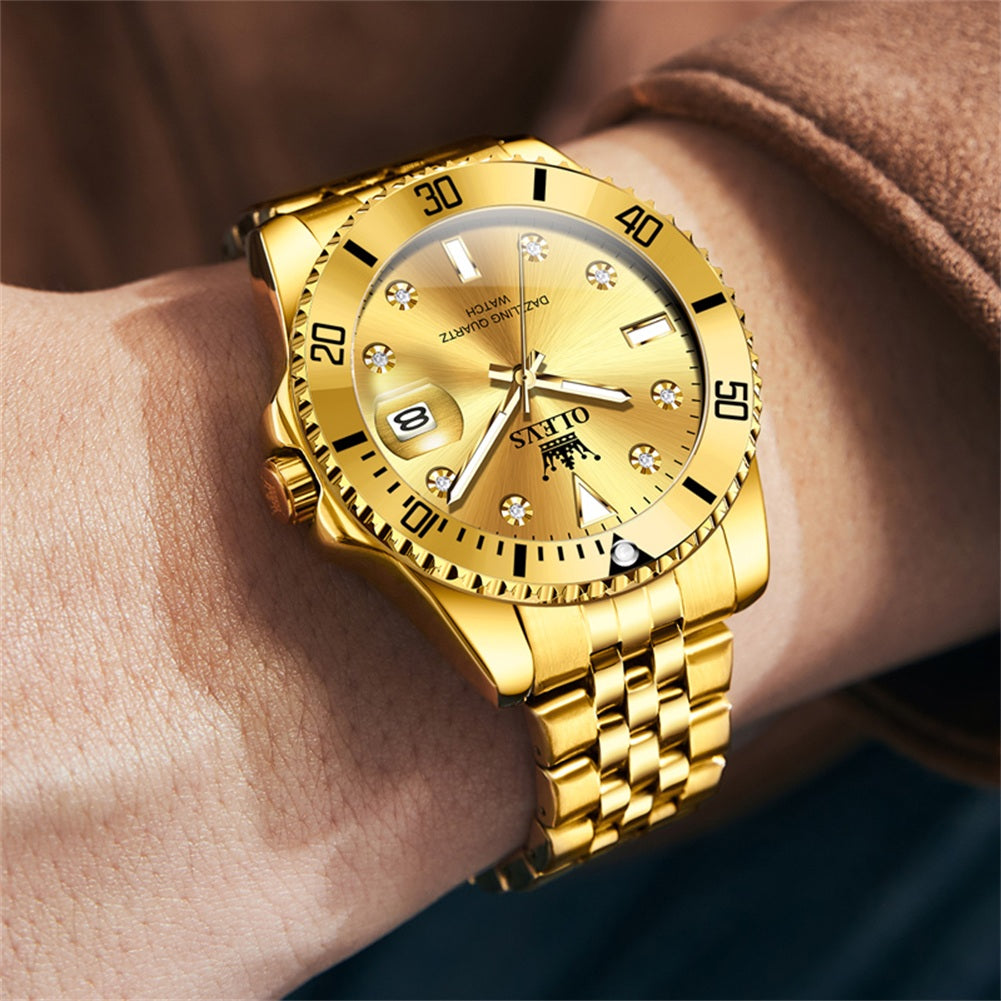 OLEVS 9809 Watch for Men Stainless Steel Business Dress Luxury Diamond Big Face Waterproof Mens Watches with Date Analog Wrist Men Watch Reloj para Hombre Gold Dial
