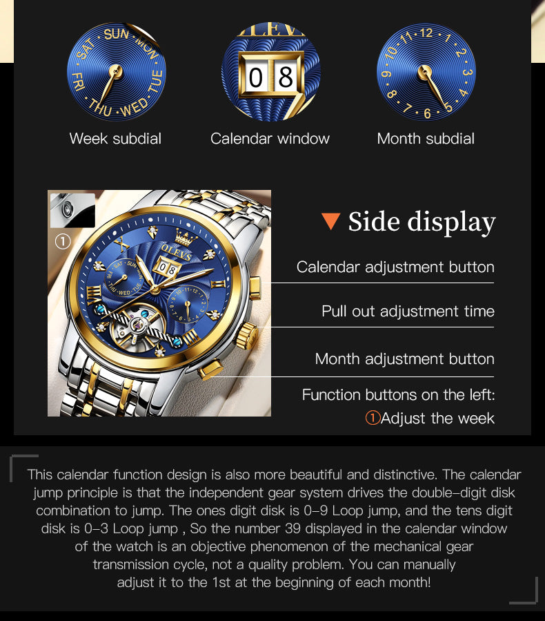 OLEVS 9910 Automatic Watches for Men Gold Luxury Dress Wrist Watch Self Winding Mechanical Skeleton Tourbillon Watch