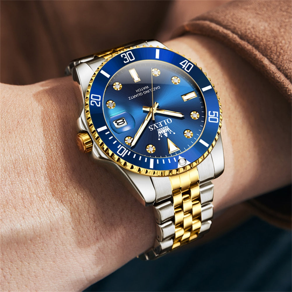 OLEVS 9809 Watch for Men Stainless Steel Business Dress Luxury Diamond Big Face Waterproof Mens Watches with Date Analog Wrist Men Watch Reloj para Hombre Gold Dial