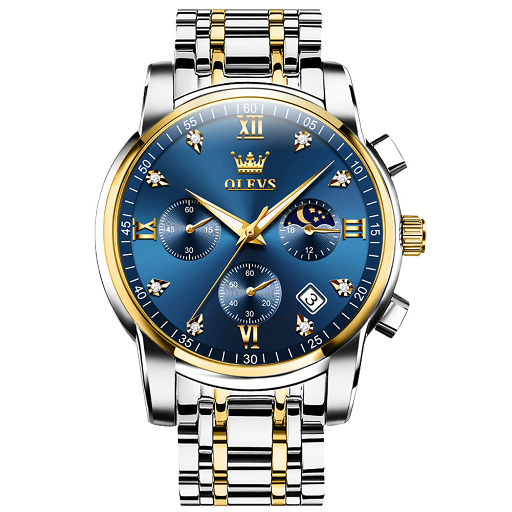 OLEVS 2858 Men's Watch, Business Chronograph Formal Stainless Steel Watch, Pointer Quartz Waterproof Luminous Men's Watch, Black and Blue Tone Stylish Holiday Gift