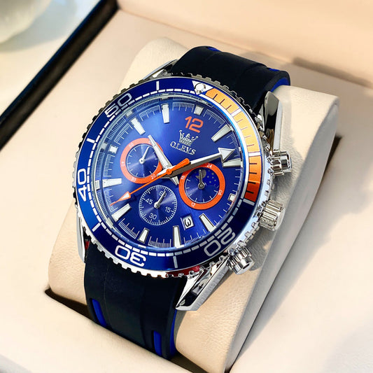 OLEVS 9916 Mens Watches Chronograph Waterproof Luminous Silicon Strap Multifunction Watches for Men Quartz Business Calendar Men Wrist Watch