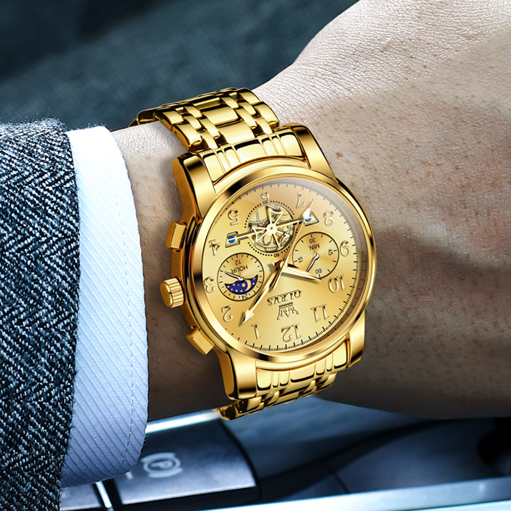 OLEVS 2900 Men's Quartz Watch with Numerals, 24-Hour and Moon Phase Sub-Dials, Chronograph, Perfect Gift