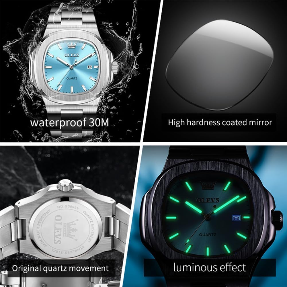 OLEVS 3696 Men's Large Face Stainless Steel Watch, Classic Rose Gold Silver Tone Octagonal Three-Hand Analog Quartz Mens Dress Watch, Luxury Easy to Read Calendar Date Waterproof Big Wrist Watches for Men