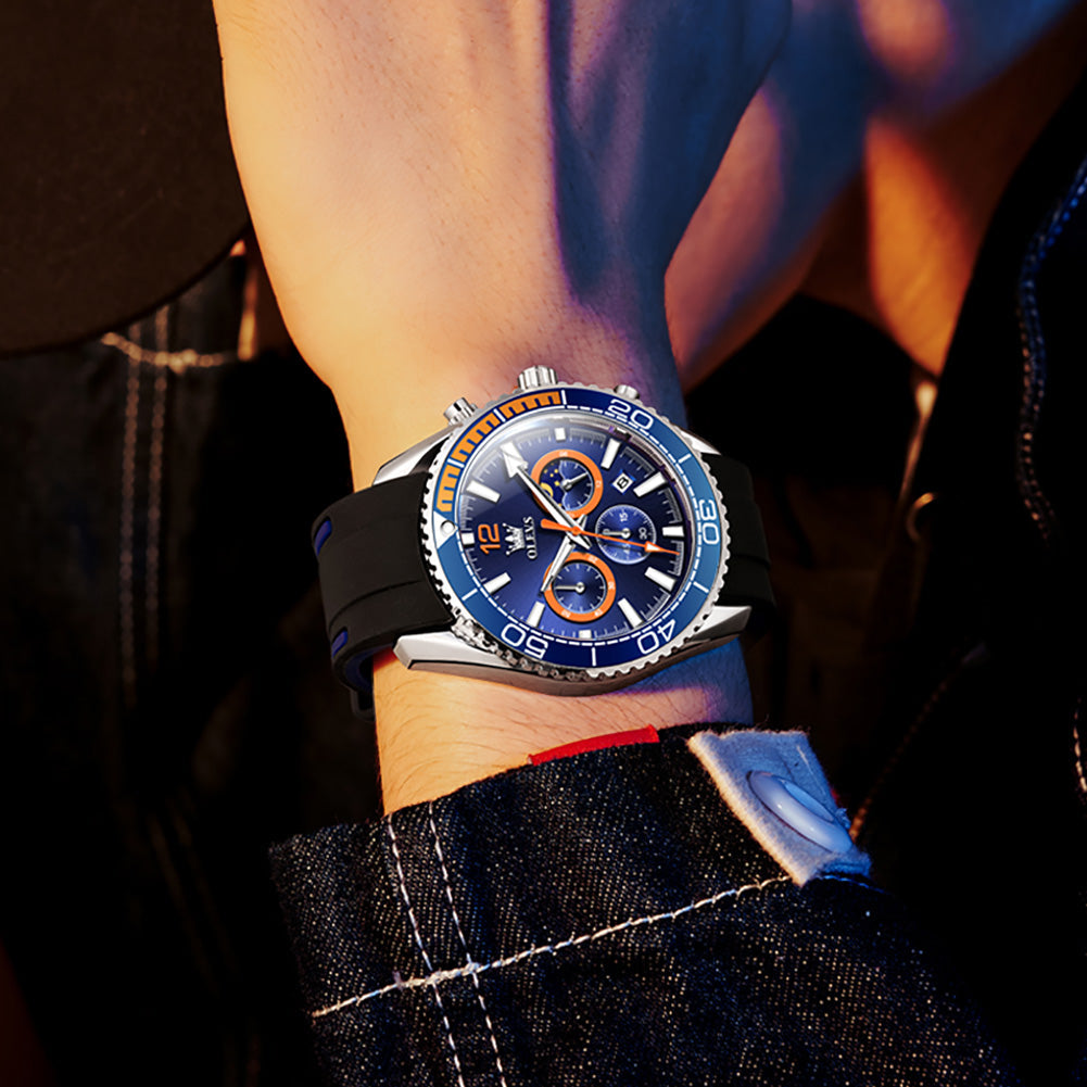 OLEVS 9916 Mens Watches Chronograph Waterproof Luminous Silicon Strap Multifunction Watches for Men Quartz Business Calendar Men Wrist Watch