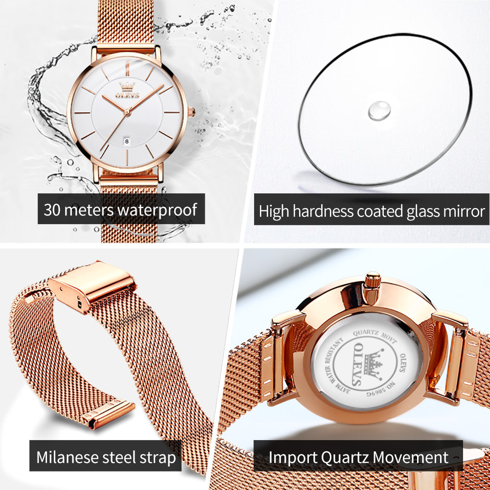 OLEVS 5869 Watch for Women Set Fashion Ladys Wrist Watch Minimalist with Rose Gold Bracelet Analog Quartz Date Waterproof Wrist Watches