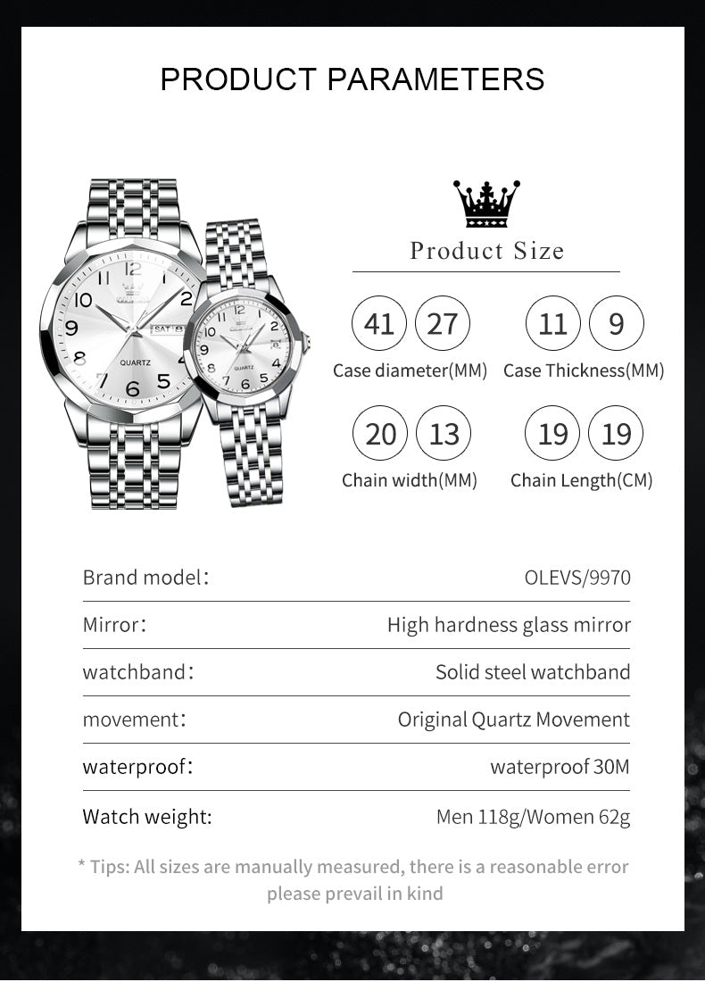 OLEVS 9970Couple Watch Valentines Couple Matching Watches His and Her Couple Set Wrist Watch Men and Women Lovers Wedding Waterproof Romantic Gifts Set of 2
