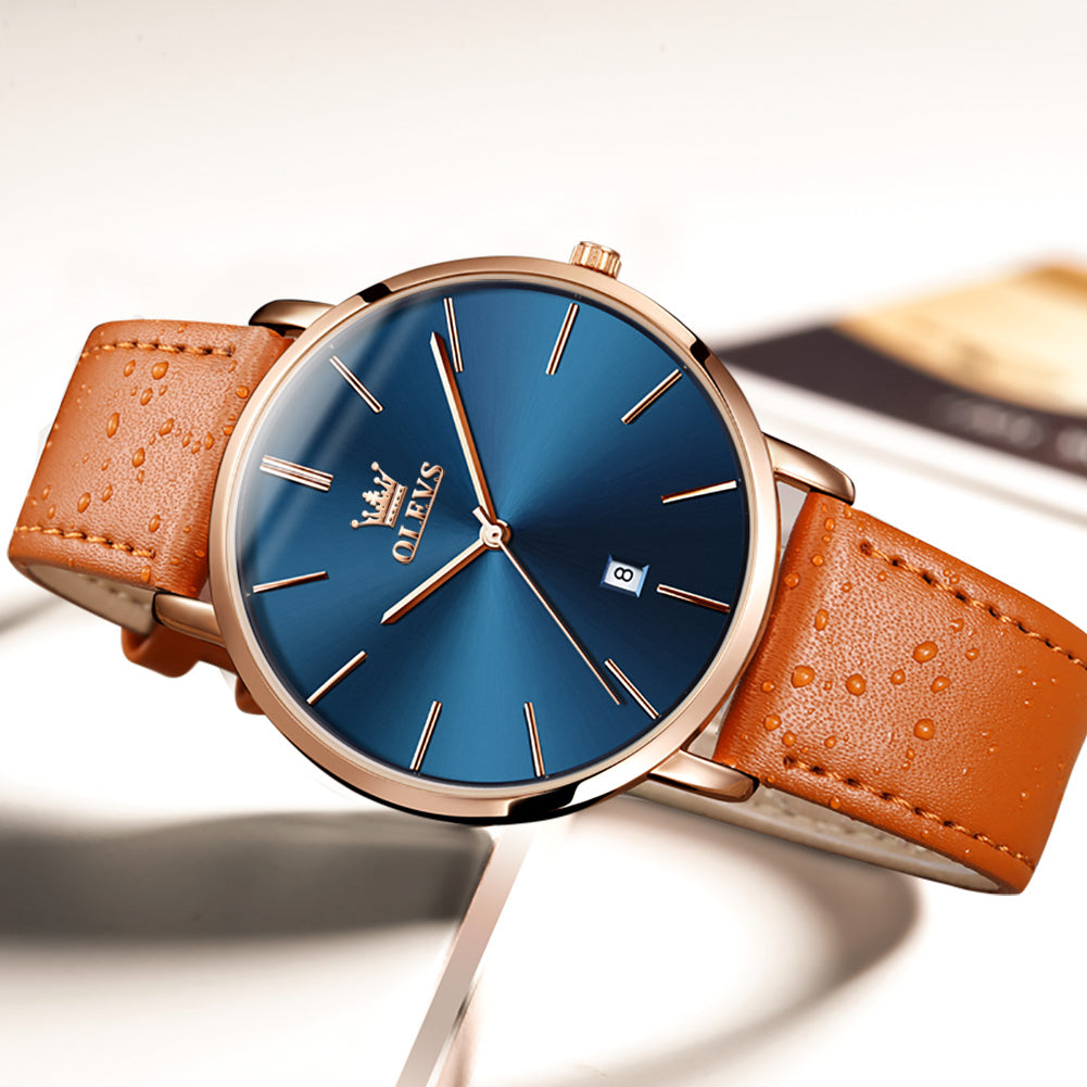 OLEVS  5869 Watches for Men Minimalist Ultra Thin Fashion Casual Analog Quartz Date Watch Waterproof Slim Simple Big Face Dress Mens Wrist Watches with Retro Leather Band for Men Reloj para Hombre