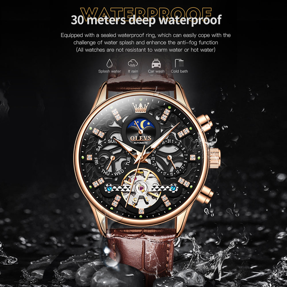OLEVS 6658Automatic Watches for Men Self Winding Mechanical Chronograph Skeleton Flywheel Luxury Dress Black Brown Leather Diamond Moon Phase Waterproof Luminous Mens Wrist Watches Reloj Para Hombre
