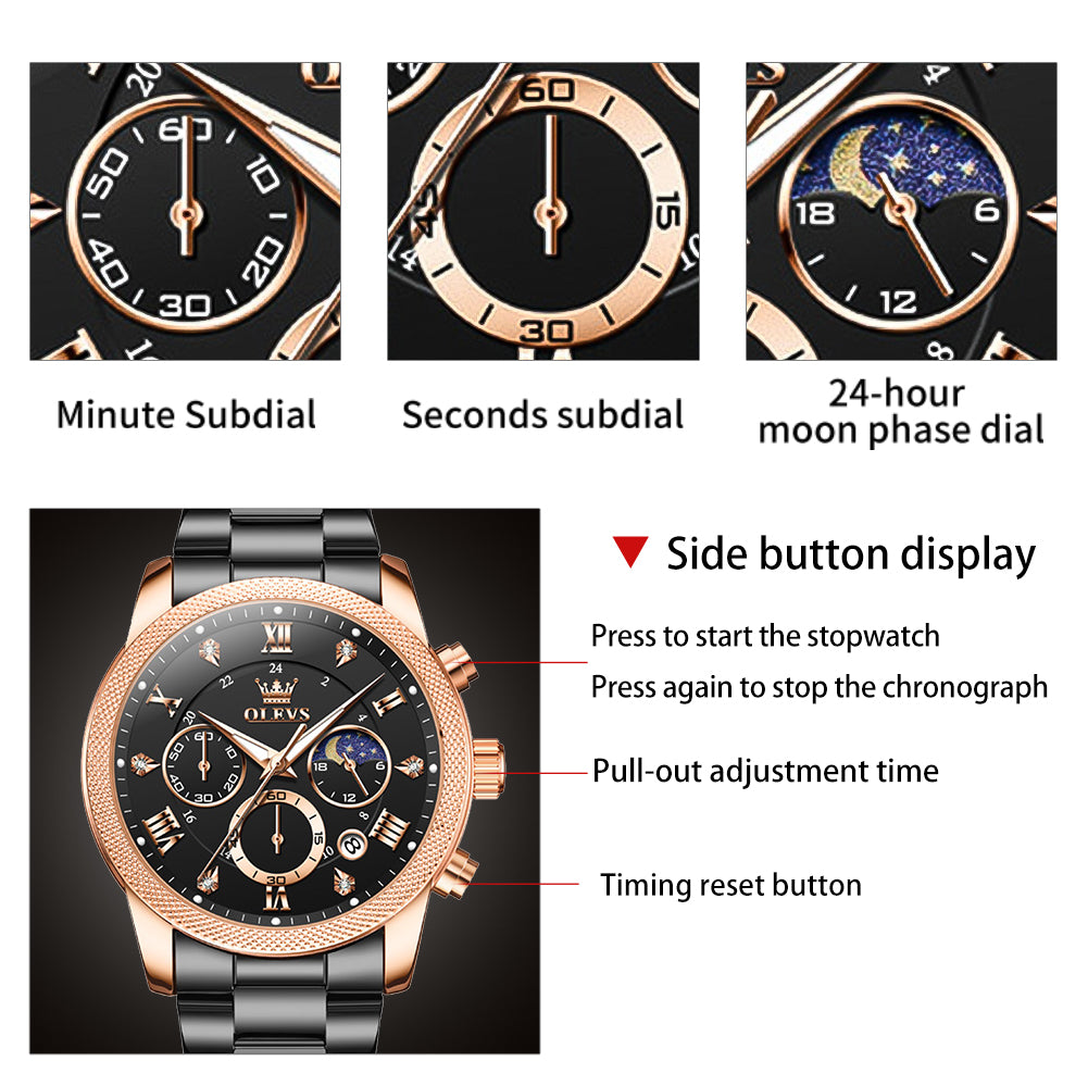 OLEVS 3660 Chronograph Watches for Men Fashion Dress Analog Quartz Moon Phase Stainless Steel Waterproof Luminous Date Luxury Mens Wrist Watches Reloj Para Hombre Rose/Black