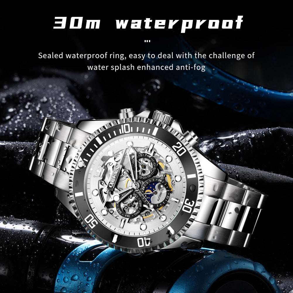 OLEVS 6715 Automatic Watches for Men Skeleton Self Winding Mechanical Fashion Dress Chronograph Moon Phase Stainless Steel Waterproof Luminous Mens Wrist Watches Gift Reloj Para Hombre