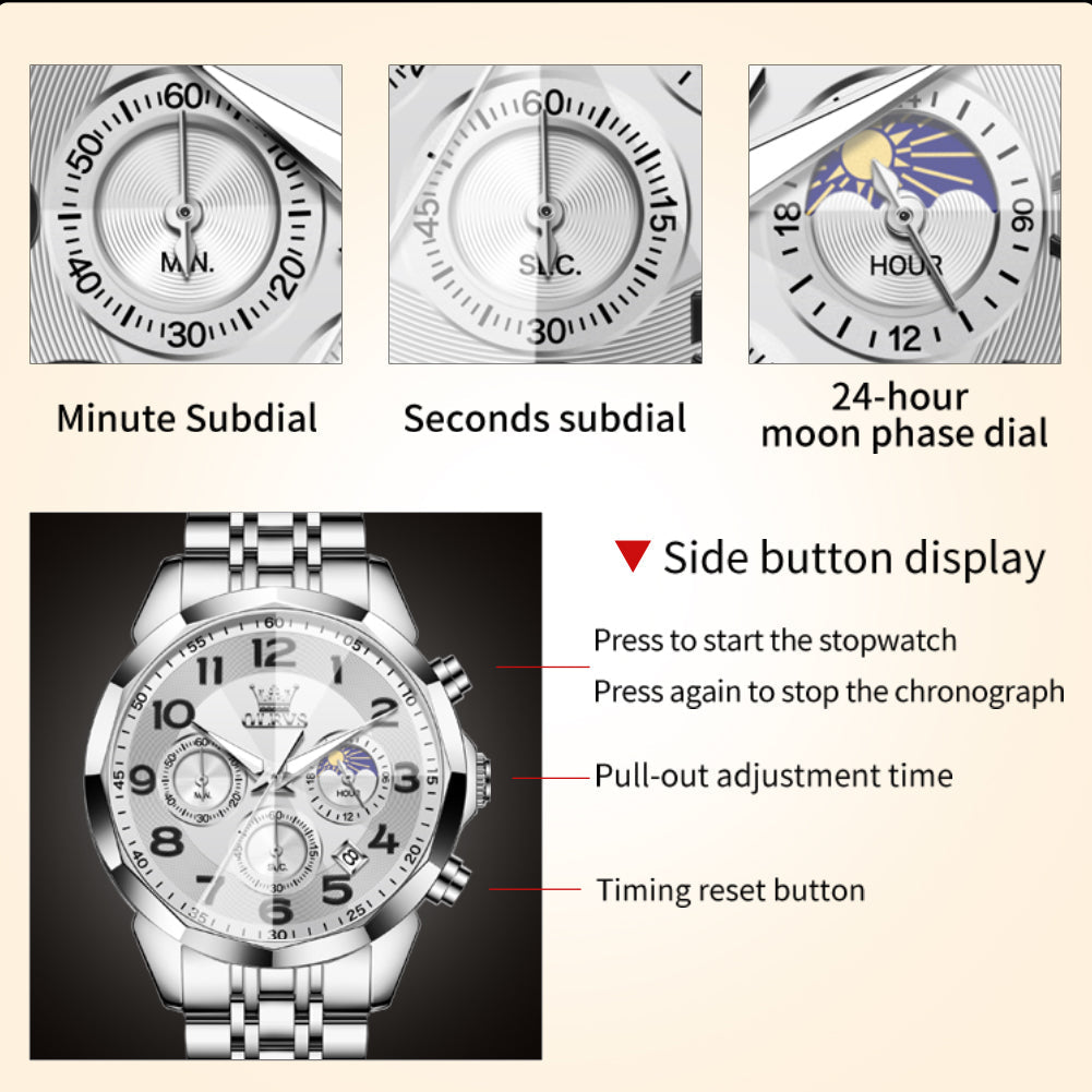 OLEVS  3676 Chronograph Watches for Men Business Dress Analog Quartz Gold Plated Stainless Steel Moon Phase Waterproof Luminous Date Luxury Mens Wrist Watches Reloj Para Hombre