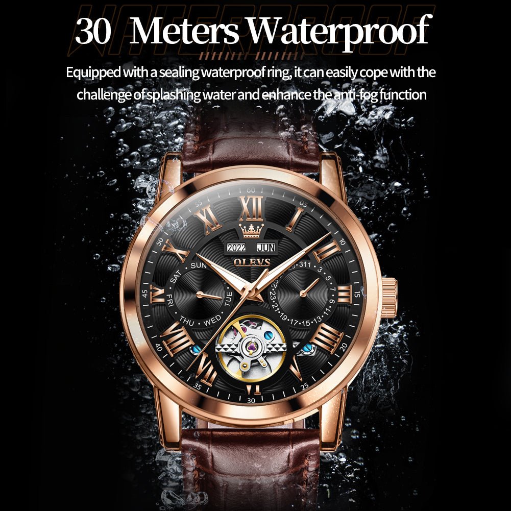 OLEVS 6668 Automatic Watches for Men Self Winding Mechanical Skeleton Flywheel Multifunction Luxury Dress Roma Rumerals Calendar Waterproof Luminous Mens Wrist Watches Reloj Para Hombre Brown Black Leather Strap