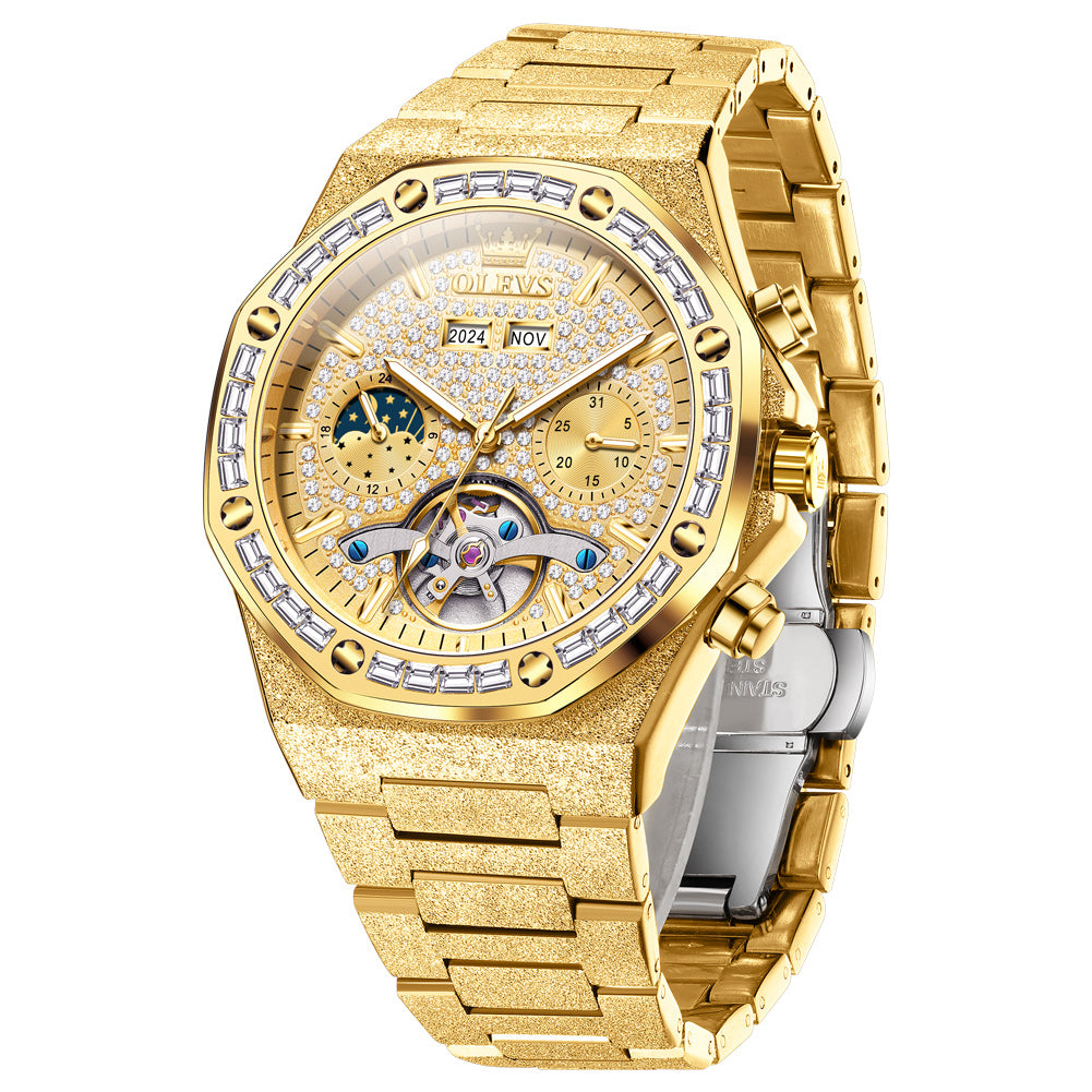 OLEVS 9805 Automatic Mens Watches Self Winding Mechanical Business Diamond Luxury Dress Stainless Steel Waterproof Luminous Wrist Watch