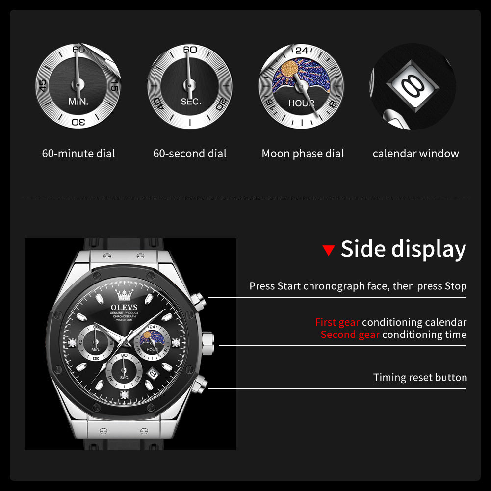OLEVS 9911 Watches for Men Chronograph Waterproof Luxury Dress Quartz Silicon Strap Multifunction Moon Phase Business Calendar Luminous Men Wrist Watches Reloj Para Hombre Gray/Black/White