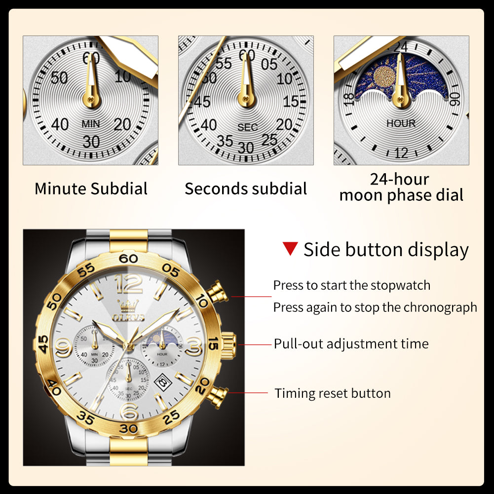 OLEVS 3678 Relojes para Hombre de Lujo Vestido Cronógrafo Analógico Cuarzo Chapado en Oro Acero Inoxidable Fase Lunar Impermeable Luminoso Fecha Relojes de Pulsera de Moda para Hombre Reloj Para Hombre 