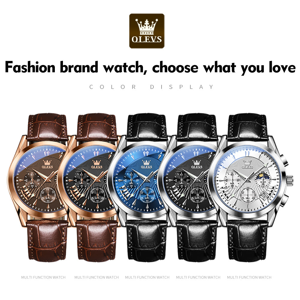 OLEVS 2876 Men  Watch Brown Leather Classic Analog Quartz Watch Week Date Casual Luminous Black/Blue/White Dial 3ATM Waterproof Wrist Watch
