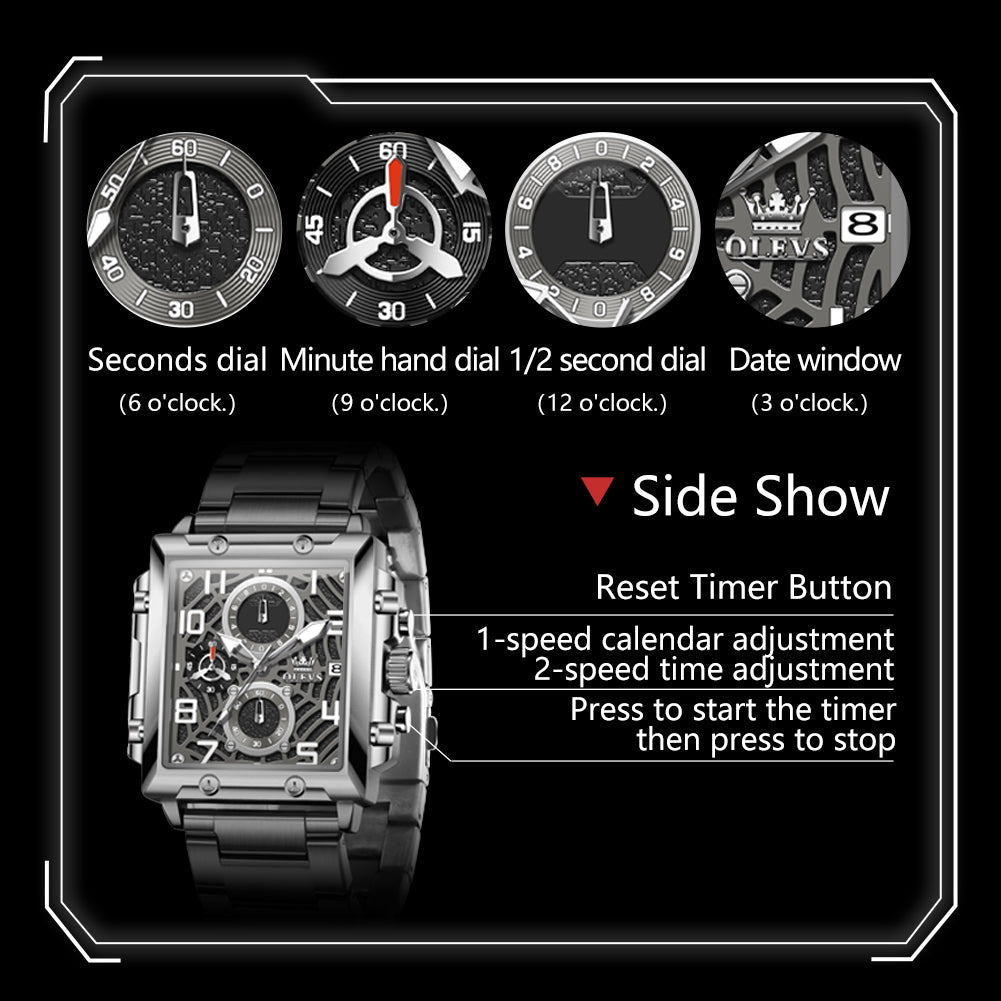 OLEVS 2958 Watches for Men Business Dress Chronograph Analog Quartz Square Dial Stainless Steel Waterproof Luminous Date Fashion Mens Wrist Watches Reloj Para Hombre