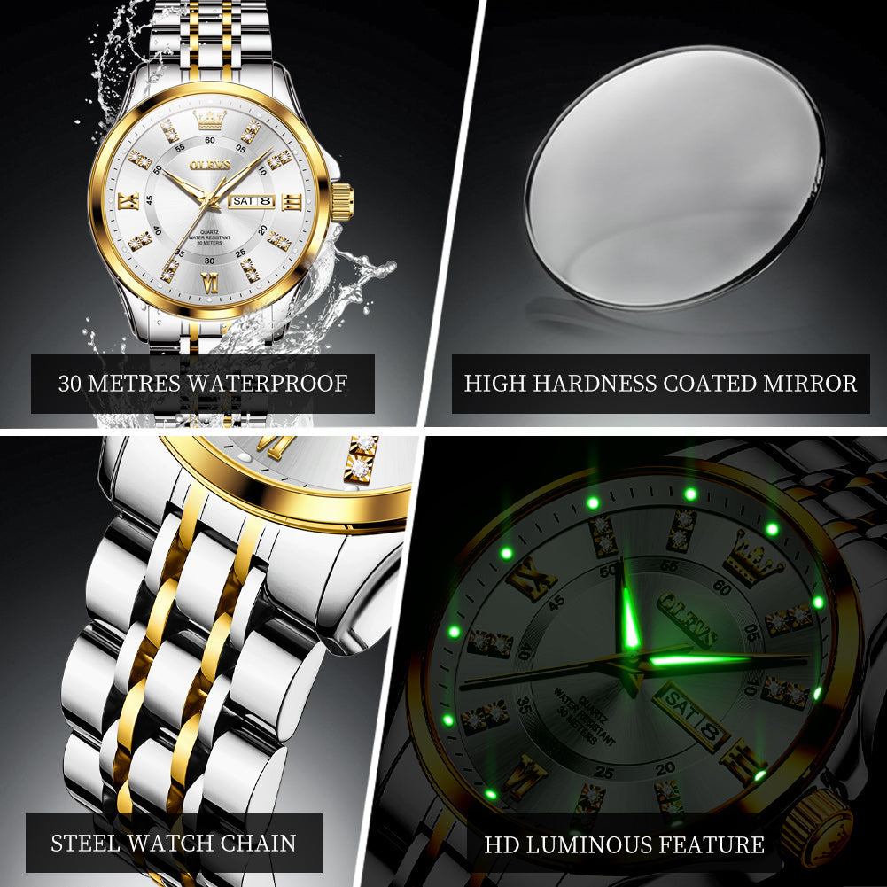 OLEVS 3620 Watches for Men Business Dress Analog Quartz Date Stainless Steel Easy Read Waterproof Luminous Luxury Casual Mens Wrist Watches Reloj Para Hombre Gold/Silver/Blue