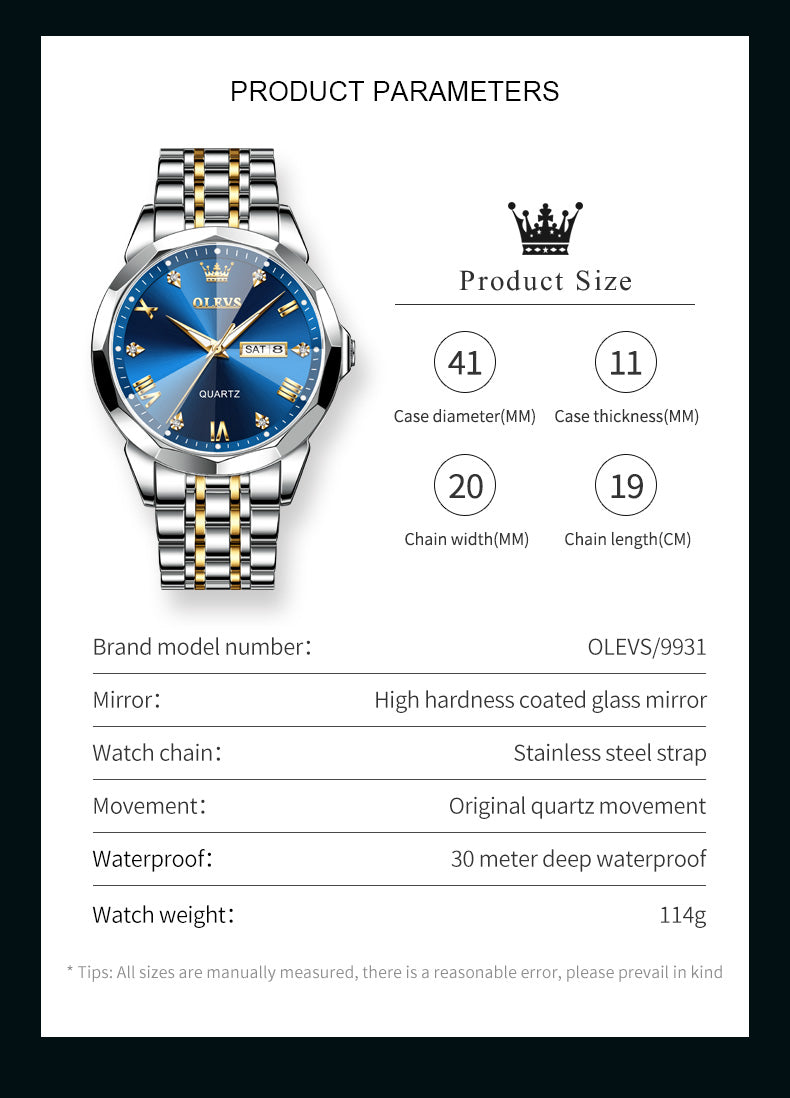 OLEVS 9931 Watches for Men Diamond Dress Luxury Casual Fashion Wrist Watch Waterproof Luminou