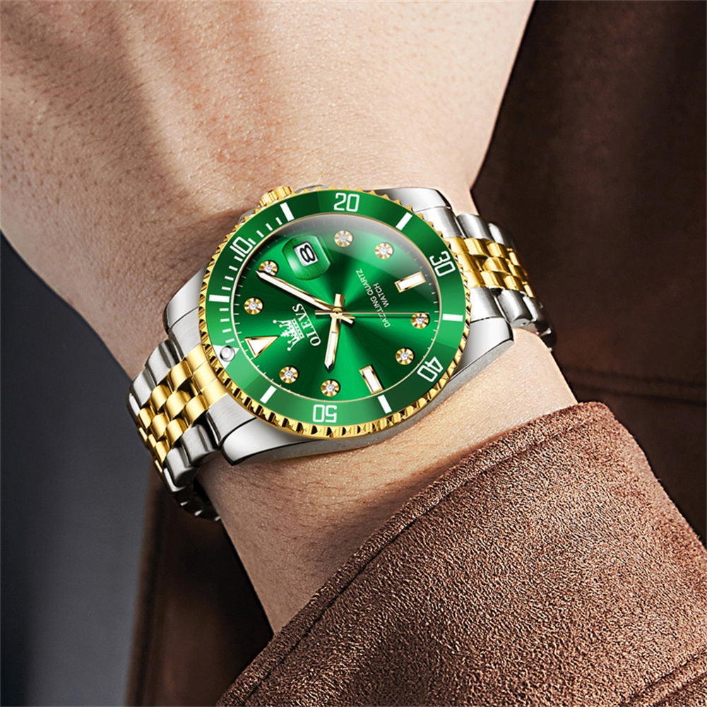 OLEVS 9809 Watch for Men Stainless Steel Business Dress Luxury Diamond Big Face Waterproof Mens Watches with Date Analog Wrist Men Watch Reloj para Hombre Gold Dial