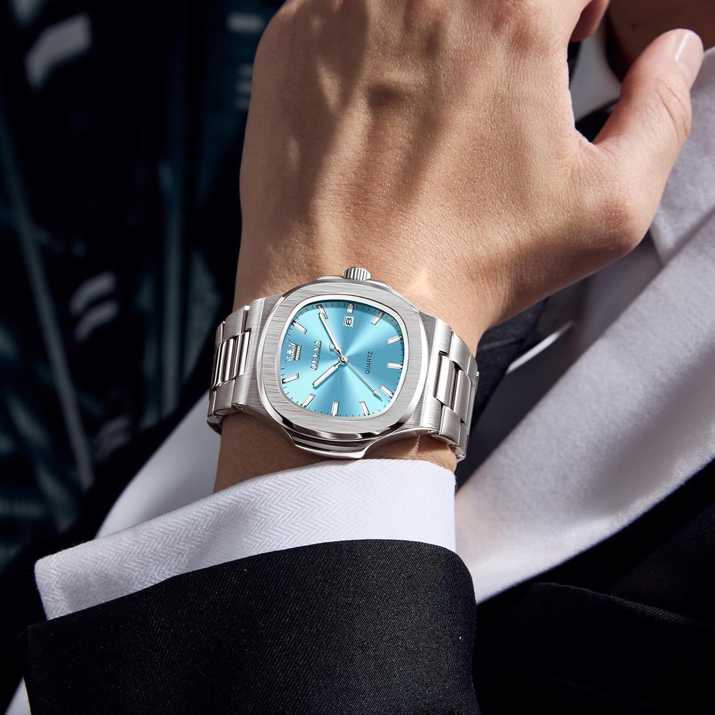 OLEVS 3696 Men's Large Face Stainless Steel Watch, Classic Rose Gold Silver Tone Octagonal Three-Hand Analog Quartz Mens Dress Watch, Luxury Easy to Read Calendar Date Waterproof Big Wrist Watches for Men