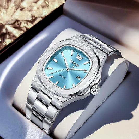 OLEVS 3696 Men's Large Face Stainless Steel Watch, Classic Rose Gold Silver Tone Octagonal Three-Hand Analog Quartz Mens Dress Watch, Luxury Easy to Read Calendar Date Waterproof Big Wrist Watches for Men