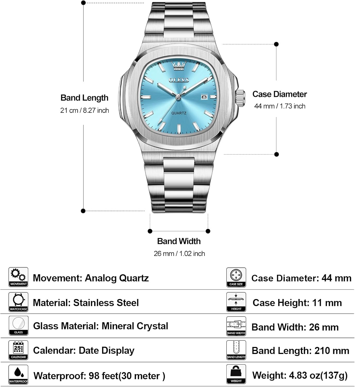 OLEVS 3696 Men's Large Face Stainless Steel Watch, Classic Rose Gold Silver Tone Octagonal Three-Hand Analog Quartz Mens Dress Watch, Luxury Easy to Read Calendar Date Waterproof Big Wrist Watches for Men