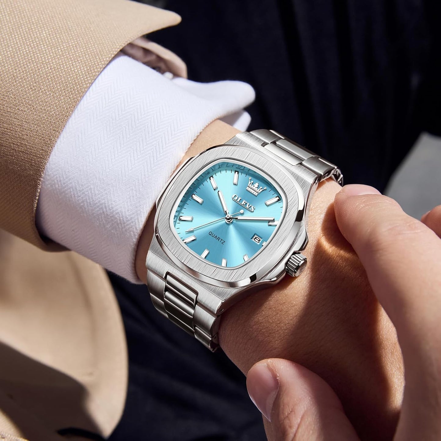 OLEVS 3696 Men's Large Face Stainless Steel Watch, Classic Rose Gold Silver Tone Octagonal Three-Hand Analog Quartz Mens Dress Watch, Luxury Easy to Read Calendar Date Waterproof Big Wrist Watches for Men