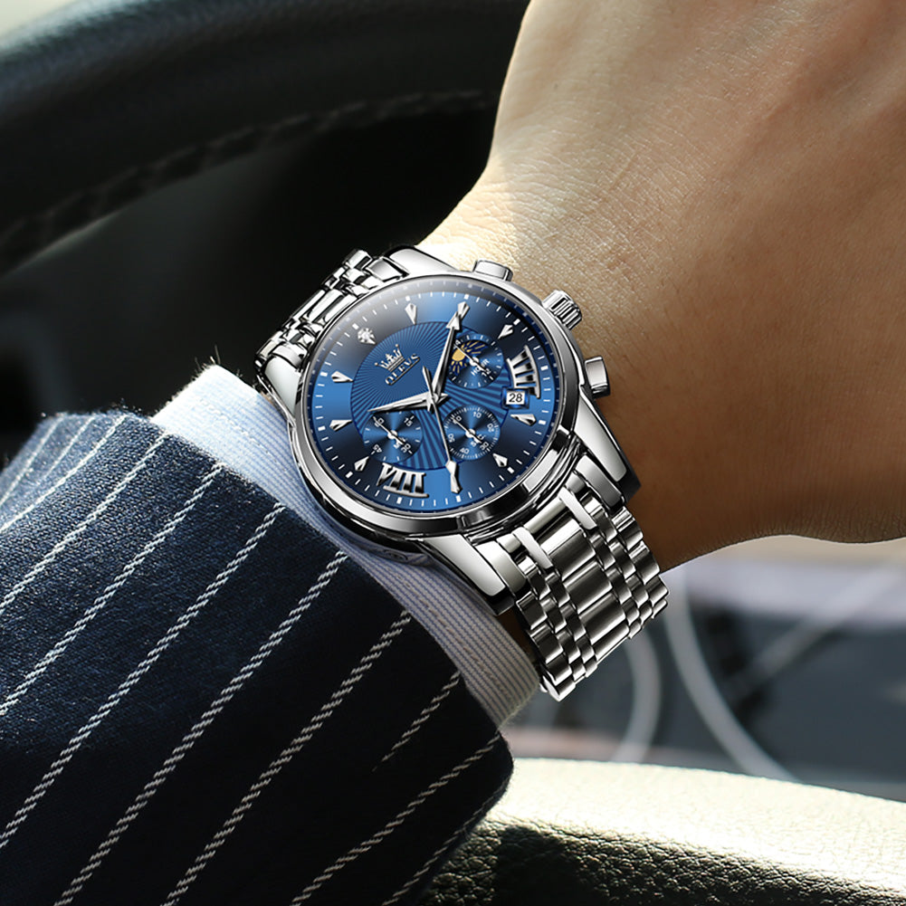 OLEVS 2892 Men's Chronograph Quartz Watches Moon phase Texture Waterproof Stainless Steel Wrist Watch