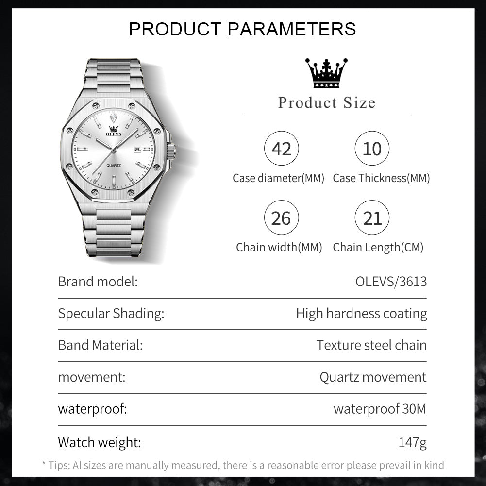 OLEVS 3613 Men's Watch with Gold Bracelet, Business Style, Gift-Ready, 3ATM Waterproof