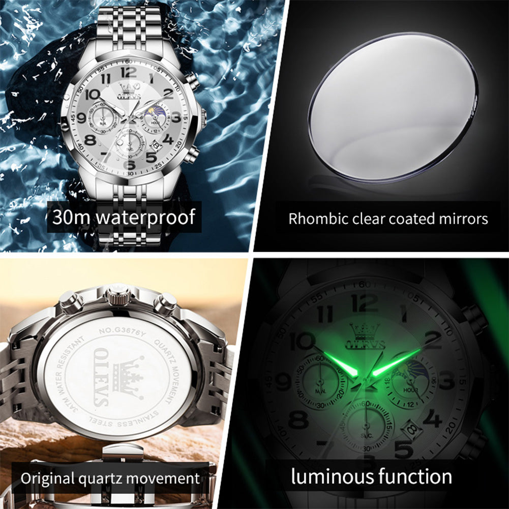 OLEVS  3676 Chronograph Watches for Men Business Dress Analog Quartz Gold Plated Stainless Steel Moon Phase Waterproof Luminous Date Luxury Mens Wrist Watches Reloj Para Hombre