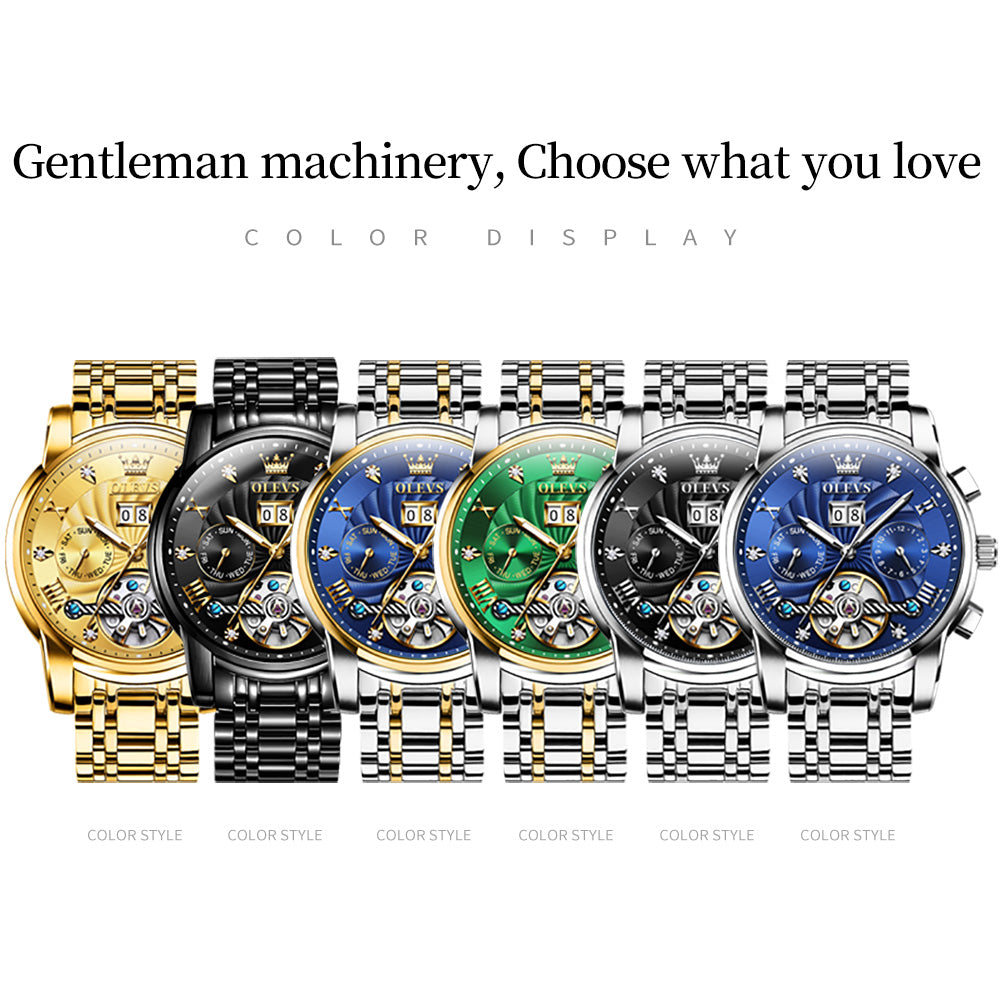 OLEVS 9910 Automatic Watches for Men Gold Luxury Dress Wrist Watch Self Winding Mechanical Skeleton Tourbillon Watch