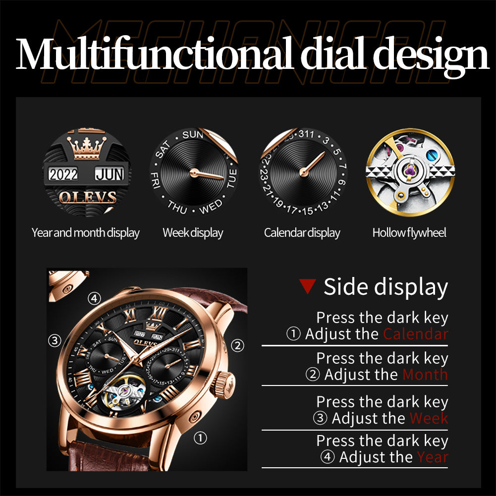 OLEVS 6668 Automatic Watches for Men Self Winding Mechanical Skeleton Flywheel Multifunction Luxury Dress Roma Rumerals Calendar Waterproof Luminous Mens Wrist Watches Reloj Para Hombre Brown Black Leather Strap