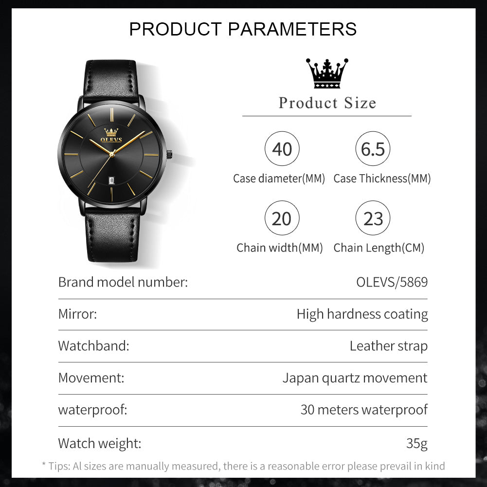 OLEVS  5869 Watches for Men Minimalist Ultra Thin Fashion Casual Analog Quartz Date Watch Waterproof Slim Simple Big Face Dress Mens Wrist Watches with Retro Leather Band for Men Reloj para Hombre