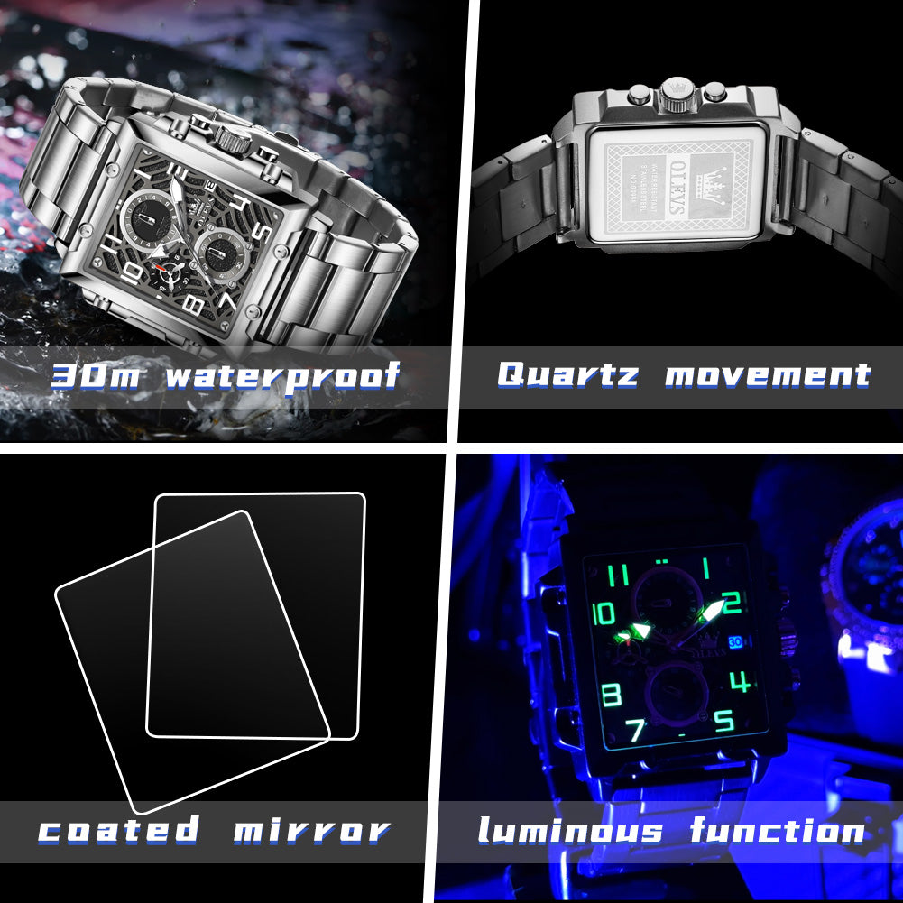 OLEVS 2958 Watches for Men Business Dress Chronograph Analog Quartz Square Dial Stainless Steel Waterproof Luminous Date Fashion Mens Wrist Watches Reloj Para Hombre