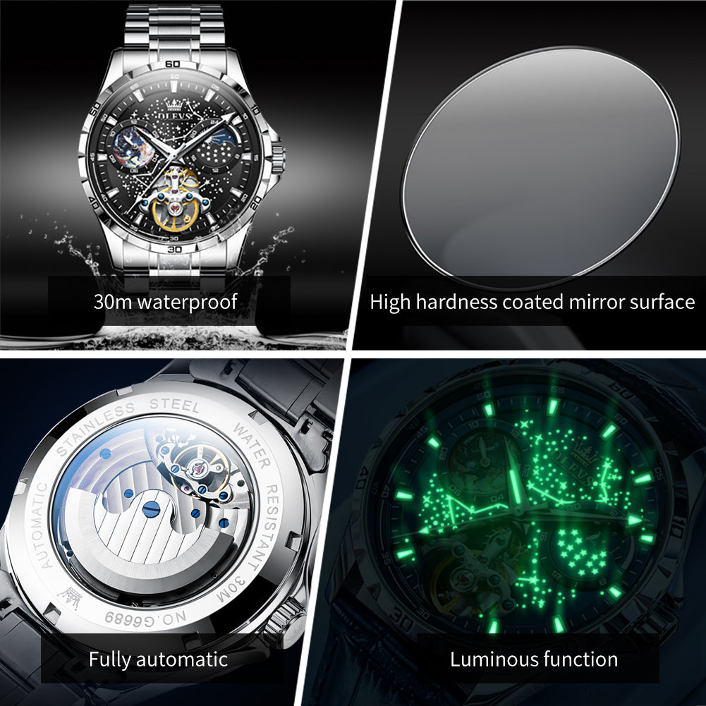 OLEVS 6689 Automatic Watches for Mens Starry Sky Skeleton Tourbillon Self Winding Mechanical Moon Phase Luminous Waterproof Luxury Dress Mens Wrist Watches Gifts Reloj Para Hombre Black/Blue/Green